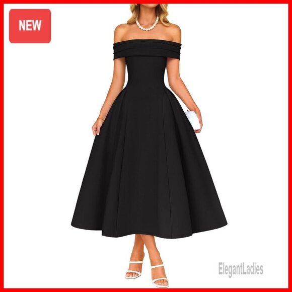 Dresses & Skirts - Off Shoulder Short Sleeve Midi Dress Formal Evening Party Swing A Line